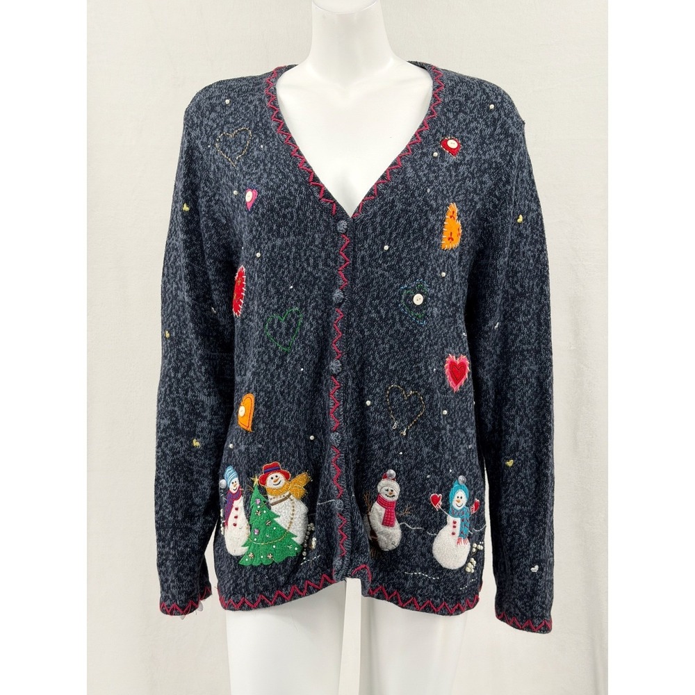 Reference Point Sweater‎ Womens 1X Blue Embroidered Cardigan Christmas Holiday